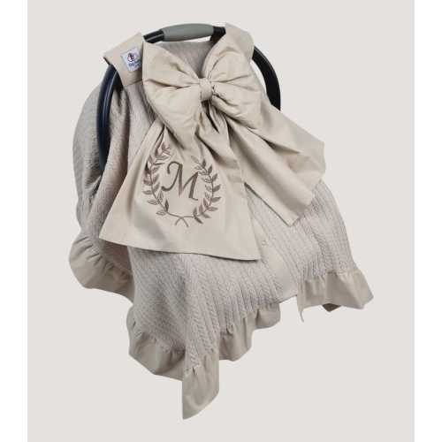 Personalized Beige Cotton Baby Car Seat Cover with Bow and Ruffles