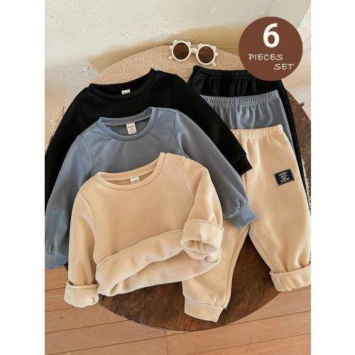 LMoss Kids LMoss 6pcs Baby Boy Knitted Solid Color Crew Neck Sweatshirt And Pants Set,Baby Tracksuit, Baby Hoodie Pants Set, Baby Autumn Winter Set, Baby Casual Sets,Pull,Cozy Fall & Winter Styles,Winter Clothes,Ensemble Hiver,Long Sleeve Top, | SHEIN USA