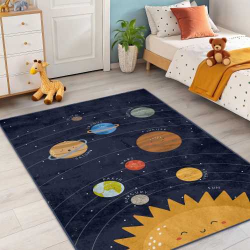 Cute Solar System Kids Rug for Playroom, Blue and White Color Options, Educational Space-Themed Children's Floor Carpet