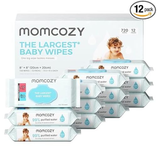 Momcozy Baby Wipes, Unscented & Hypoallergenic, Gentle for Sensitive Skin | Plus Wipes-Size, Thickness, Moisture, Softness & Scenario Plus, 99% Water-Based Wet Wipes, 720 Wipes Total, 12 Flip-Top Packs