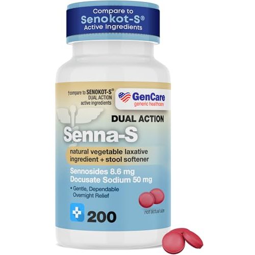 GenCare - Senna-S Natural Vegetable Laxative Plus Stool Softener Dual Action (200 Tablets) Value Pack | Gentle Dependable Overnight Relief of Occasional Constipation Generic for Senokot-S