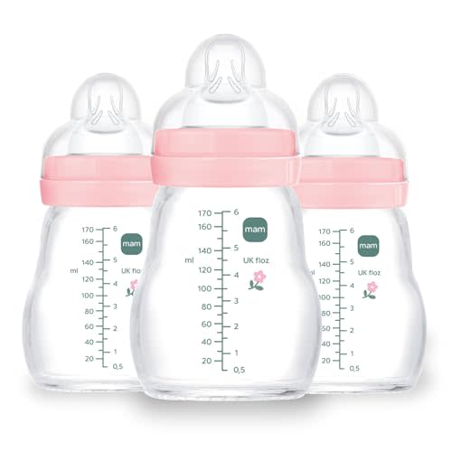 MAM Premium Glass Baby Bottles, Easy Switch Between Breast and Bottle, Feel Good Slow Flow, Newborn Essentials Must Have, 0+ Months, BPA Free, 6oz, Girl, 3 Pack