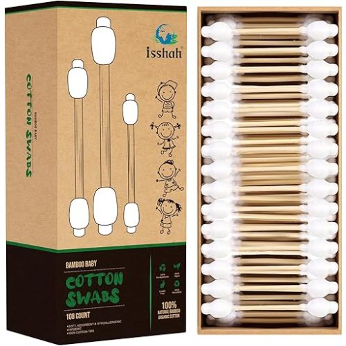 Baby Cotton Swabs - 108 Count - FSC Certified and PETA Approved, Bamboo Handle Cotton Tips, 100% Biodegradable, Gentle, Eco Friendly, Double Tips, Plastic Free Safety Baby Cotton Buds by Isshah
