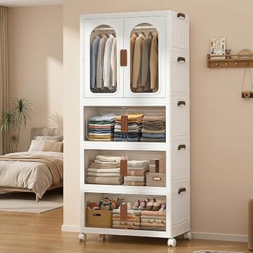 Baby Wardrobe Closet Organizer with Storage Bins - Portable Foldable Kids Clothing Armoire Cabinet, Stackable freestanding Wardrobe for Dog and Doll with 10 Hangers