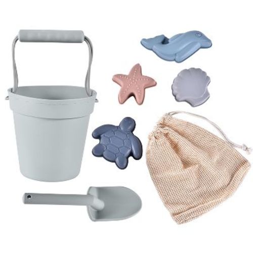 Link Ready! Set! Play! Silicone Beach & Pool Toy 7pc Set For Travel Easy To Clean Bucket Shovel 4 Sands Molds For Toddlers & Babies Carry Bag Included