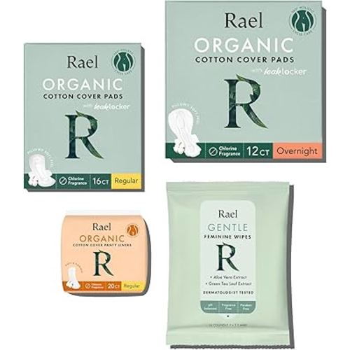 Rael Feminine Care, Period Essential for Women - Organic Cotton Cover Regular & Overnight Pads for Women, Regular Panty Liners and Feminine Wipes