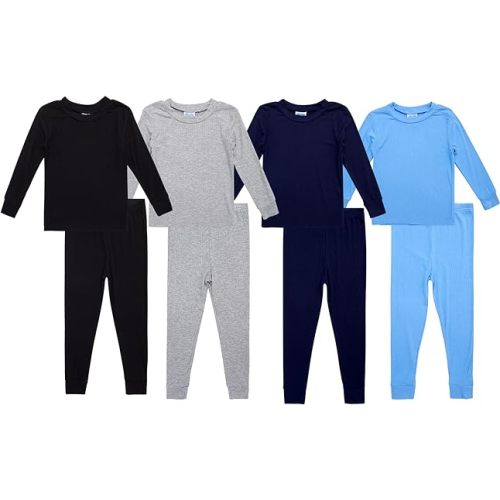 Mon Petit Boys Pajama Set - 8 Piece Crewneck Rib Knit Long Sleeve Sleep Shirt and Pajama Pants PJs for Boys (12M-7)