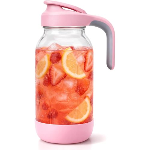 Sursip 64 oz Glass Pitcher with Pour Spout Lid, 2 Quart Mason Jar Pitcher for Fridge Airtight & Leakproof - Wide Mouth Non-Slip Water Pitcher for Cold Brew Coffee, Juice,Lemonade - Pink