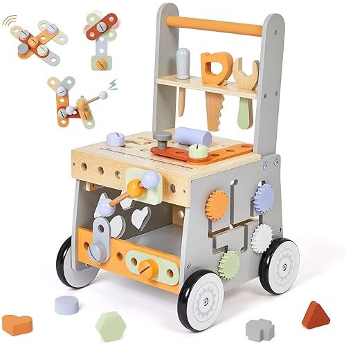 labebe Wooden Baby Walker, Baby Push Walker, Tool Toy for Toddlers, Adjustable Speed Baby Walker with Wheel, Learning Activity Walker for Girls Boys