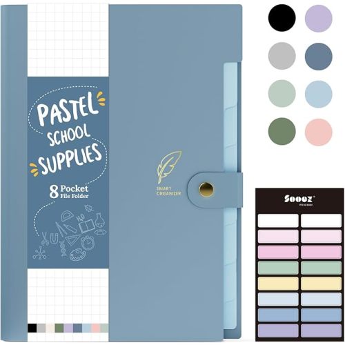 Sooez 8 Pocket Accordion File Organizer, Pastels Expanding File Folder | Aesthetic Folder for Document with Labels, Portable Receipt Bill Organizer for Office School Supplies, Letter Size Haze Blue