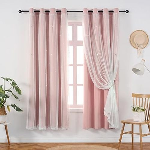 Light Pink Blackout Curtains for Girls Bedroom - Aesthetic Star Cutout Double Layer with White Sheer Overlay, 72 Inch Length 1 Panel Cute Curtain Baby Nursery Toddler Room Decor Drapes