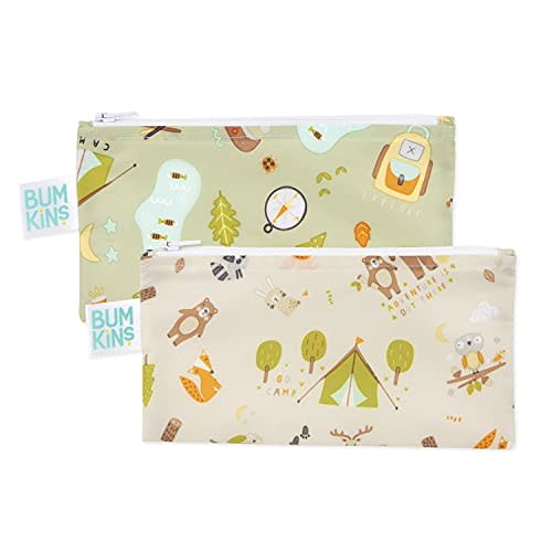 Bumkins Reusable Snack Bags, for Kids School Lunch and for Adults Portion, Washable Fabric, Waterproof Cloth Zip Bag, Supplies Travel Pouch, Food-Safe, 2-pk Camp Friends and Gear