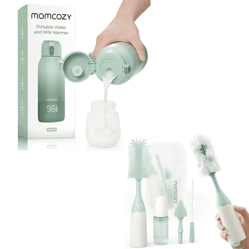 Momcozy Portable Bottle Warmer & Bottle Brush Kit Set, Dual Heating Milk Warmer, Self-Foaming Baby Bottle Cleaner, Travel Feeding & Cleaning Essentials