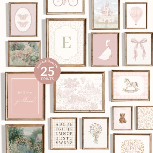 Pink Nursery Prints Set: Vintage Girl Room Gallery Wall (Digital Download)