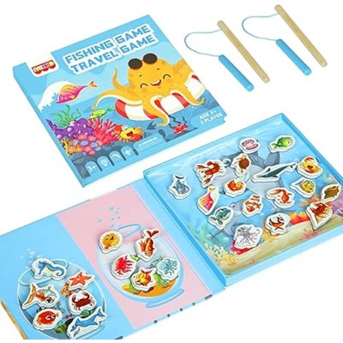 Magnetic Fishing Game for Toddlers Ages 3-8 – Montessori Wooden Educational Toy with 28 Fish – Preschool Learning Toy for Fine Motor Skills, Travel, Airplane & Road Trips