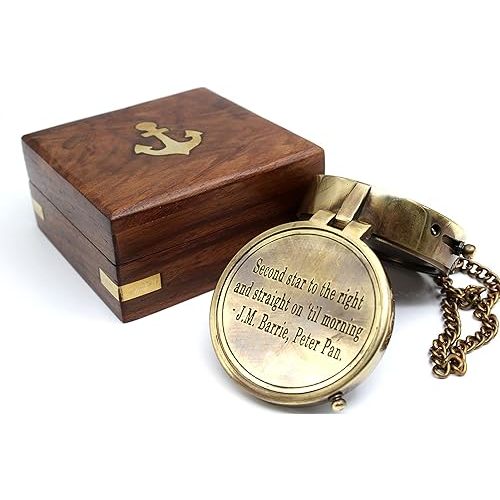 Second Star to The Right J. M. Barrie, Peter Pan Engraved Brass Compass for Anniversary, Birthday, Graduation Day, Confirmation Gift, Valentine Gift Parting Gift with Wooden Case.