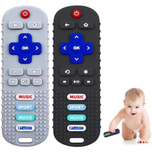 2-Pack Baby Remote Control Teether Toy for Babies 0-18 Months Silicone Infant Teething Toys Boys Girls Infants Teething Toys (Black + Gray)