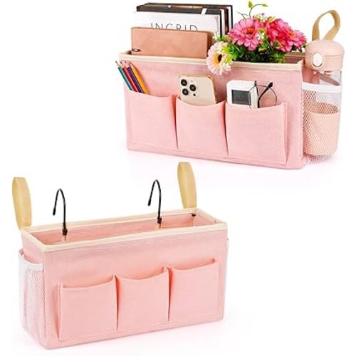 Bedside Caddy Bedside Organizer Bedside Storage Caddy with Fixed Straps and Water Bottle Holder for Home College Dorm Bunk Bed Hospital Bed Crib Bed Rails (2pcs Pink)