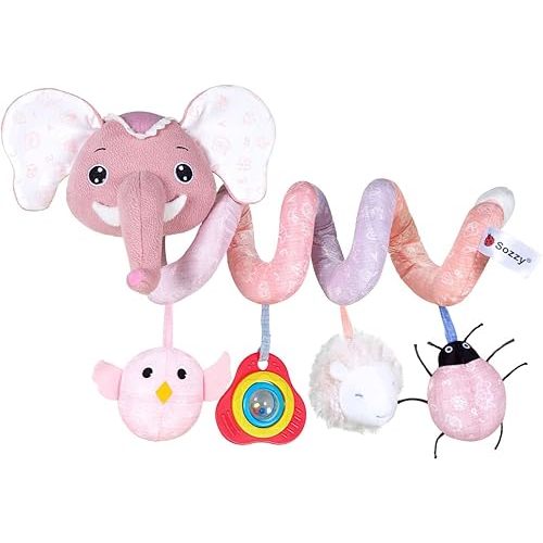 Jollybaby Crib Stroller Car Seat Toys for Baby 0-3-6-9-12 Months, Tummy Time Hanging Sensory Toys for Newborn with Music Box and Teether, Spiral Carseat Toy for Boys Girls Gifts (11-Sz Pink Elephant)