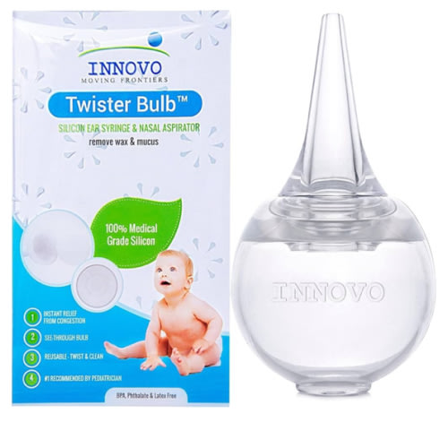 Innovo FSA/HSA Eligible Hospital Grade Silicone Twister Bulb Baby Ear Syringe and Nasal Aspirator, Sucks Snot and Mucus, Cleanable and Reusable, Clear