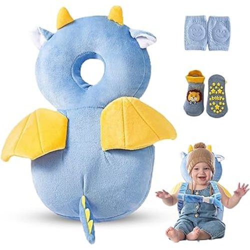 Baby Head Protector Backpack – Toddler Safety Cushion for Crawling & Walking – Infant Fall Protection Pillow with Adjustable Straps – Comes with Knee Pads & Non-Slip Baby Socks (Blue Dragon)