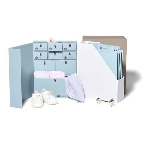 Savor I Baby Deluxe Box | Acid-Free Newborn Keepsake & Memory Organizer with 52 Labels, 9 Drawers, 8 File Folders | Mother’s Day Gift for Pregnancy, Mom & Baby Shower, Blue, No Customization