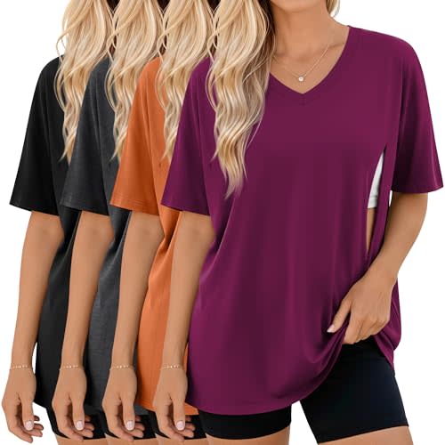 4 Pack Women's Oversize Nursing Tops | Breastfeeding Clothes, Maternity T Shirts, Breastfeeding, Hidden Zipper, Short Sleeve, V Neck, Summer, Plus Size, Soft