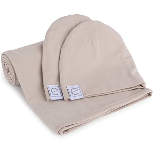 Ely's & Co. Cotton Knit Jersey Swaddle Blanket and 2 Beanie Baby Hats Gift Set, Large Receiving Blanket (Tan)