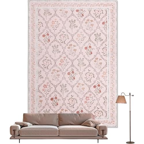 YIHOUSE 5x7 Washable Rug for Bedroom Pink Floral for Living Room Boho Rug