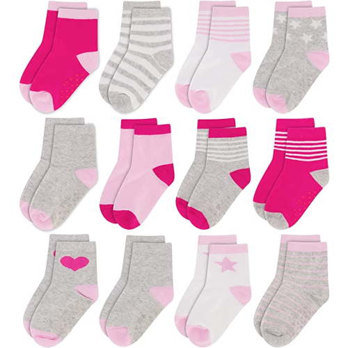 Rising Star Toddler Socks, Baby Girl Socks, 12 Pack – Soft & Breathable Crew Baby Socks Girl, Pink & Gray