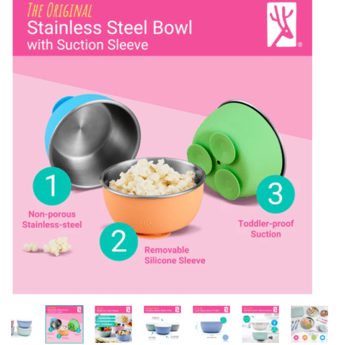 Stainless Steel Bowl with Silicone Suction Sleeve + Lids