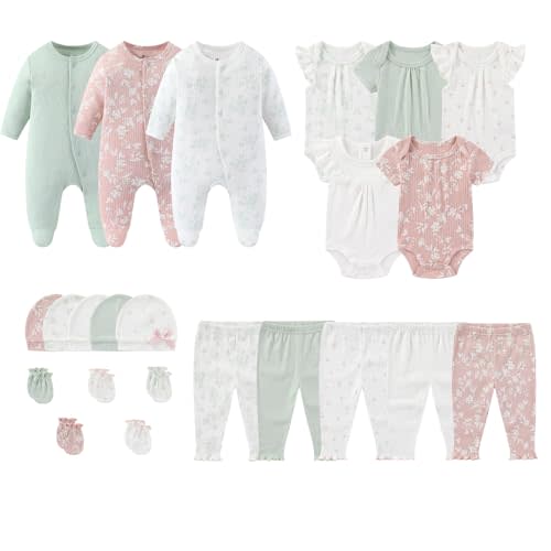 MAMIMAKA Newborn Layette Gift Set 23-Piece Baby Bodysuits Infant Outfits Essentials and Accessories 0-12 Months