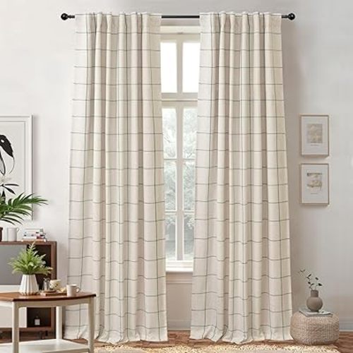 DriftAway 100% Blackout Plaid Linen Curtains W52xL96 Loden Green