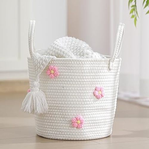 11 Inch Cotton Rope Woven Baskets for Organizing with 3D Flower Nursery Laundry Basket Round Rope Storage Small Laundry Organizer Decorative Living Room Bedroom Decorations