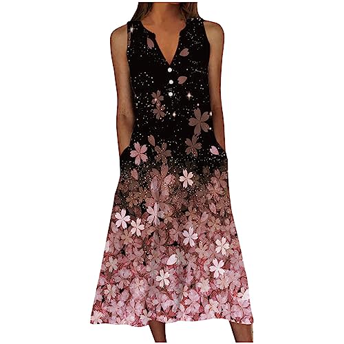 SMIDOW Womens Summer Design Casual Dress Fashion Floral Printed Elegant Dress Sleeveless V-Neck Long Dress with Pockets