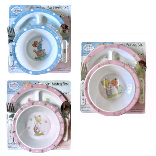 Precious Moments Baby Toddler Mealtime Feeding Gift Set Child 4PC Pink Girl or Blue Boy Divided Plate Bowl with Fork & Spoon - Baby Shower Gift