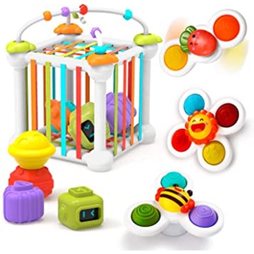 TOHIBEE Montessori Toys for 1 Year Old,Baby Sorter Toy Colorful Cube and 6 Pcs Multi Sensory Shape,Learning Activity for Fine Motor Skills,Suction Cup Toys,Gifts for Baby Toys 12-18 Months
