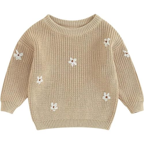 Baby Girl Flower Sweater 3-6 Months, Light Khaki