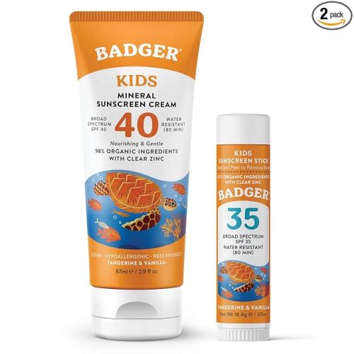 Badger Kids Mineral Sunscreen Combo, SPF 40 Cream + SPF 35 Kids Face Stick, Organic Sunscreens w/Mineral Zinc Oxide, Water Resistant, Reef Safe Broad Spectrum, Tangerine & Vanilla Scent, 2-Count
