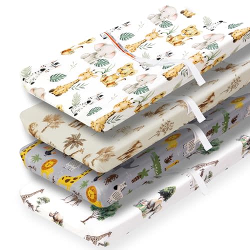 4 Pack Safari Jungle Animals Neutral Unisex Fitted Nursery Baby Sheets Set Toddler Mattress Sheets for Baby Boys or Girls (Changing Pad Cover)