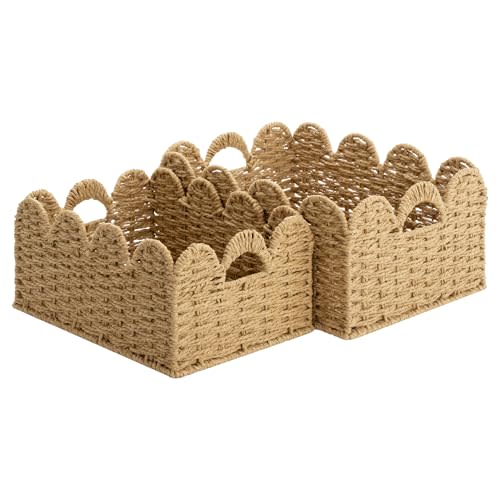 StorageWorks Scalloped Wicker Basket, Large Baskets for Decor, Paper Rope | Woven Baskets for Storage, Wicker Storage Baskets for Shelves, Large Wicker Basket, Shelf Basket with Handles, 2 Pack