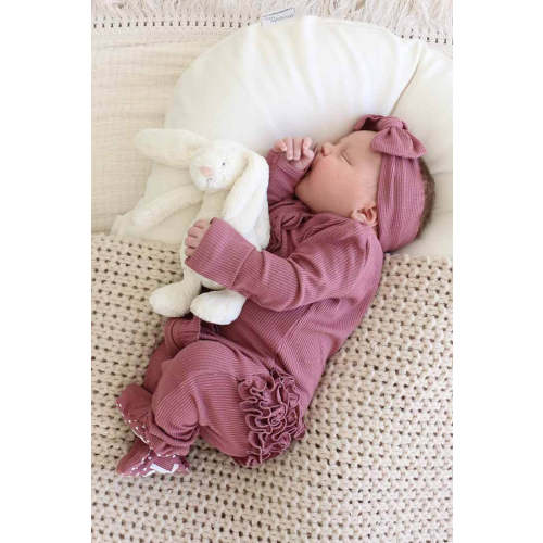 Boysenberry Bamboo Waffle Ruffle Zipper Footie