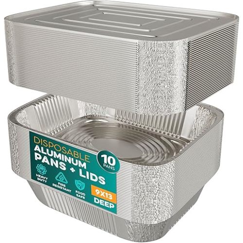 Aluminum Pans With Lids 9x13 [10 Sets] Aluminum Foil Pans Trays With Lids - Half Size Tin Foil Disposable Pans For Baking, Roasting, Cake Serving Dishes, Catering Supplies, Steam Table Chafing