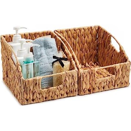 EZOWare Woven Open Front Storage Baskets, Natural Water Hyacinth Wicker Storage Trapezoid Organizer Bin Boxes with Handles for Closet Toys Clothes Kids Room Nursery, Empty Decorative Gift - Set of 2
