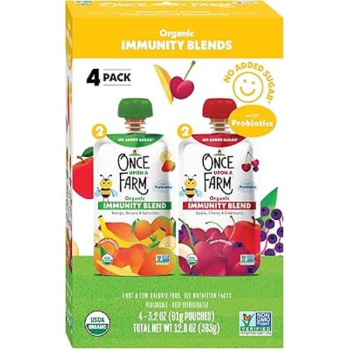 Once Upon a Farm Organic Immunity Blend Mango, Banana & Spirulina and Apple, Cherry & Elderberry Pouch Multipack, 4-3.2oz