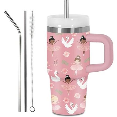 Hiboss Ballerina Gifts for Girls, Pink Ballerina Tumbler with Handle and Straw for Kids 14 Oz, Insulated Stainless Steel Ballet Mug Cup, Birthday Gifts for Dance Lover Girls Women Dancer