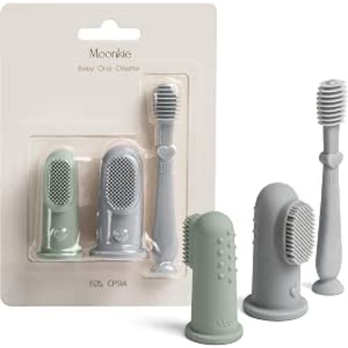 Moonkie Baby Finger Toothbrush Tongue Oral Cleaner Kit for 3 Months +, 3 Pcs (Blue/Mint/Blue)