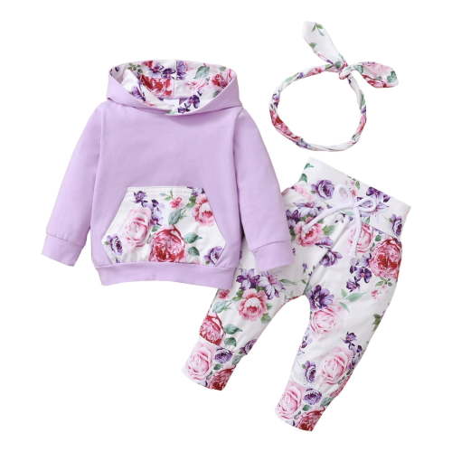 6 Months Baby Girls Clothes 9 Months Girls 3PCS Hoodie Outfits Set Flower Print Infant Girls Long Sleeve Top Pants Set with Headband Purple
