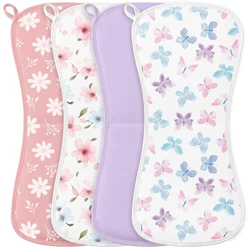 Burp Cloths Baby Girl, Large 21'' X 10'' Cotton Burping Cloths for Babies, Ultra Soft and Absorbent Burp Rags, 4 Pack Set Washcloths Newborn Spit Up Rags Purple Butterfly