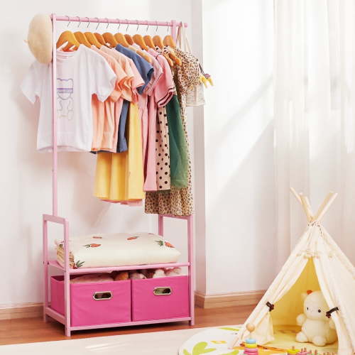 VigorPro Bamboo Clothing Rack with Adjustable Hanging Rods & 2 Storage Baskets for Kids' Bedroom